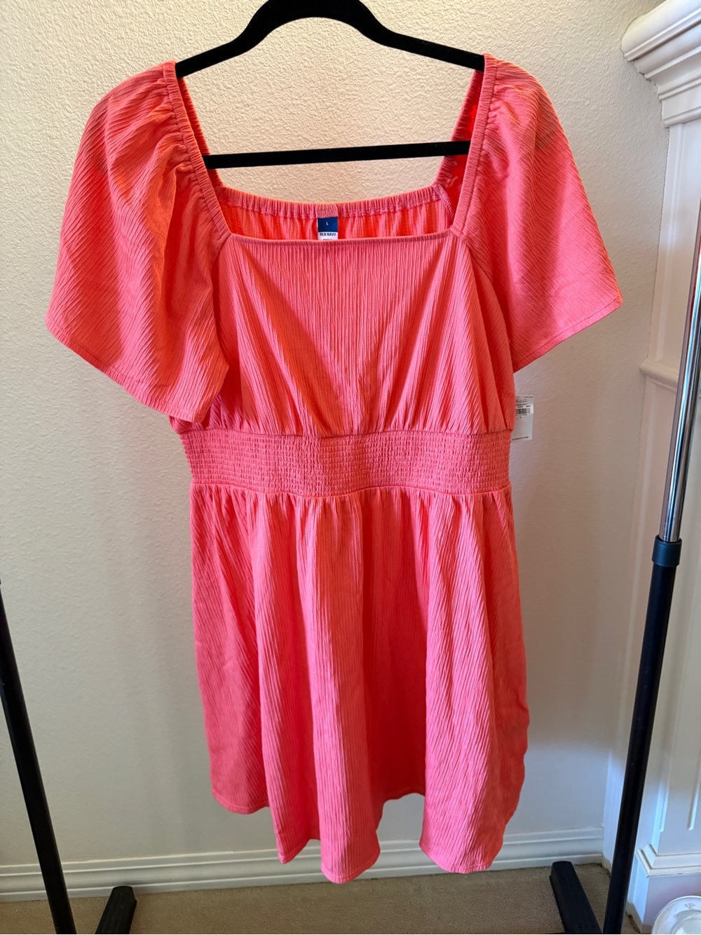 Old Navy Coral Square-Neck Smocked-Waist Mini Dress
